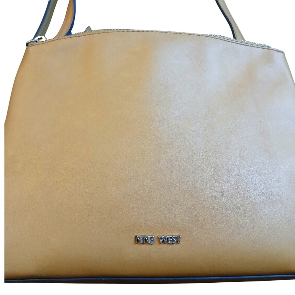 Nine West Tan Faux Leather Triple Compartment Crossbody Bag Silver Hardware